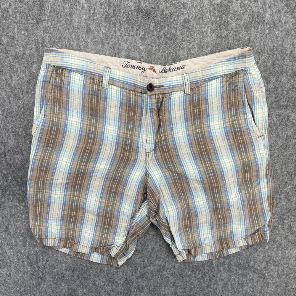 Tommy Bahama Shorts Mens 36 Plaid Linen Blend Brown Blue